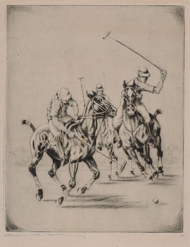 BENSON BOND MOORE POLO MATCH ETCHING: MOORE, Benson Bond, (American, 1882-1974): Polo Match, Etching, 11.5" x 8.5" with margins, pencil signed lower left, edition of 50, unframed, tipped to mat.