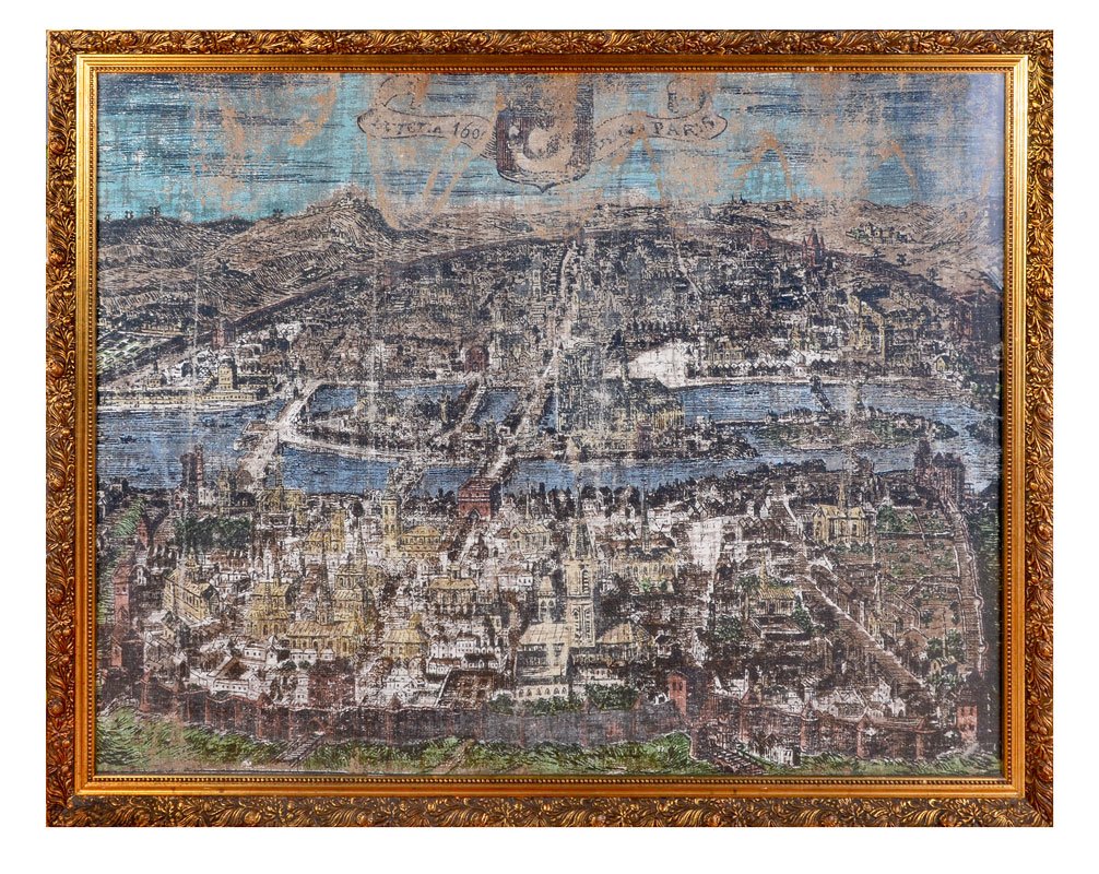 REPRODUCTION PAINTING OF PARIS MAP: REPRODUCTION PAINTING OF PARIS MAP FROM 1600: Oil/Burlap Canvas laid on board, 37" x 47", framed, 41.5" x 52".
