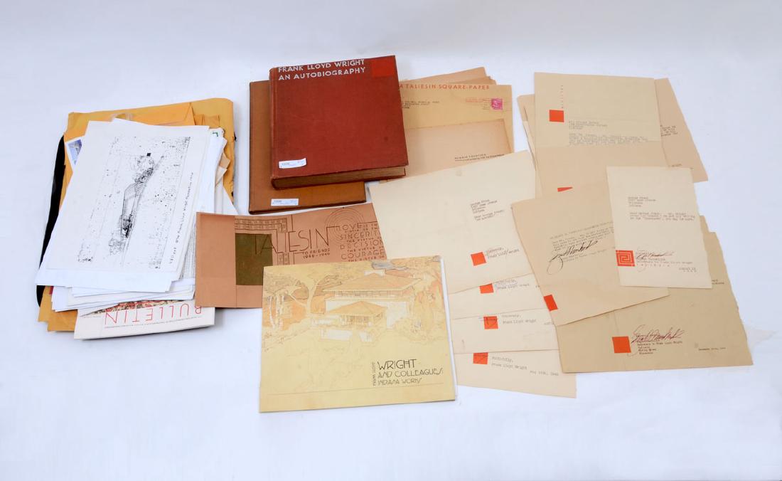 COLLECTION OF FRANK LLOYD WRIGHT COMMUNICATIONS: COLLECTION OF FRANK LLOYD WRIGHT COMMUNICATIONS: To include letters, books, and more. The letters are primarily referencing the George Prout house which was never completed, 4 typed letters dated from