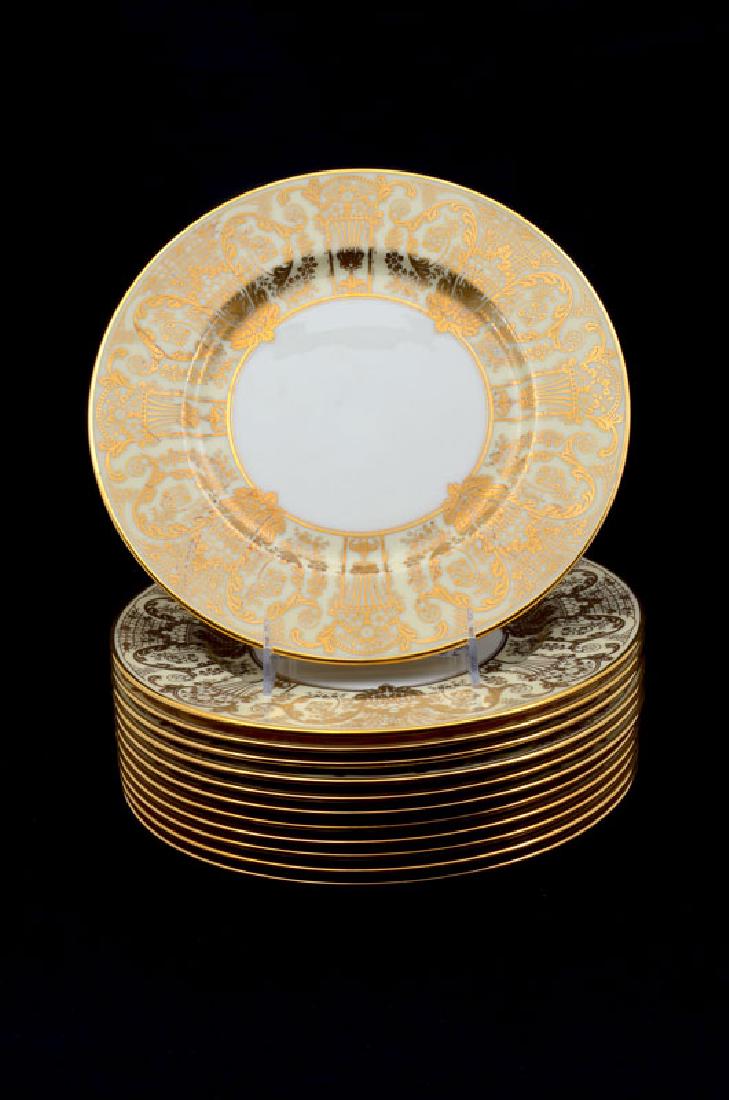 12 LENOX CHINA JOSEPH HORNE DINNER PLATES: 12 LENOX CHINA JOSEPH HORNE DINNER PLATES: 12 dinner plates, pattern H359A, with rococo style gilt rims, retailed by Joseph Horne, Pittsburgh, 10 1/2'' dia.