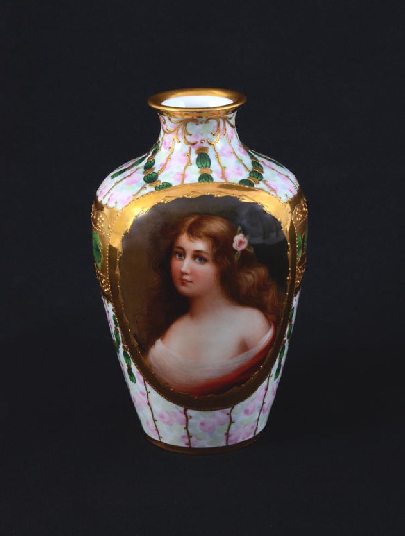 WAGNER SIGNED ROYAL VIENNA PORTRAIT VASE: WAGNER SIGNED ROYAL VIENNA PORTRAIT VASE: Titled ''Lydia'' on base, portrait medallion of young maiden signed Wagner, additional floral and gilt decoration. Marked on base with blue beehive mark, ''Ly