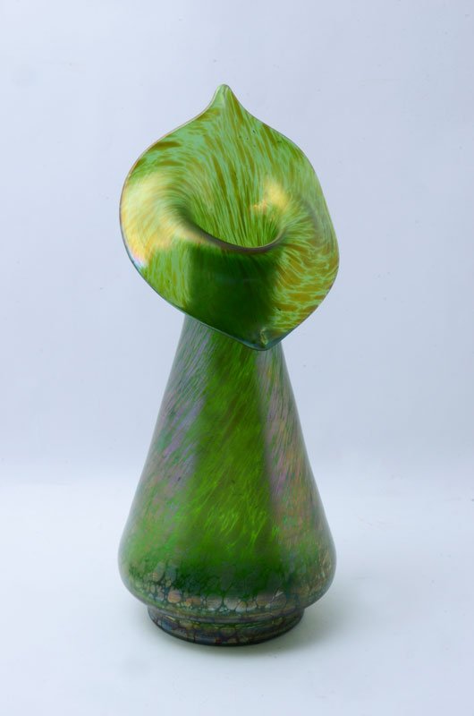 ATTRIB. LOETZ CRETA PAPILLION LARGE VASE: ATTRIB. LOETZ CRETA PAPILLION LARGE VASE: Attributed to Loetz or possibly Kralik, large vase with jack in the pulpit style rim, flared body, footed base with ground pontil, no markings. Overall measur