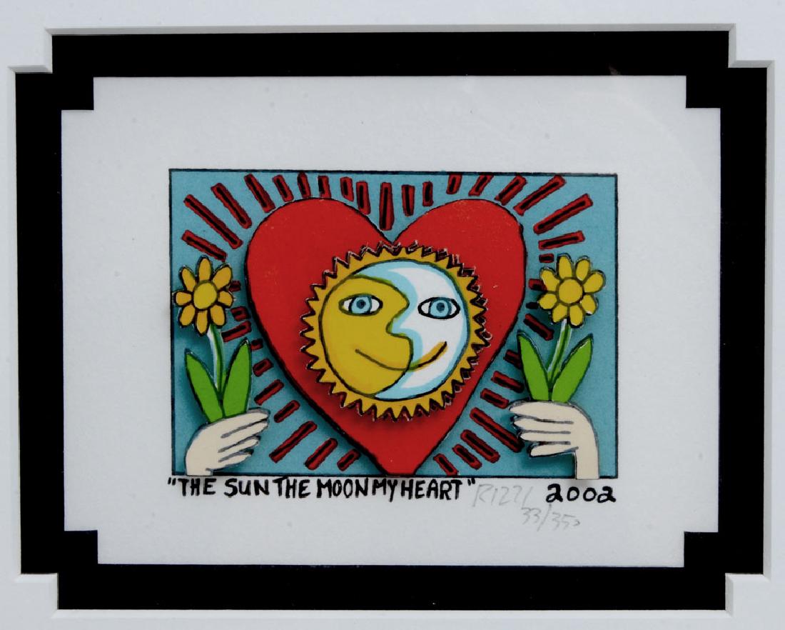 3D JAMES RIZZI MINIATURE PRINT: RIZZI, James (American, 1950-2011): "The Sun The Moon My Heart", 3D lithograph, pencil signed lower right, numbered 33/350 and dated 2002, black metal frame, 10.75" x 9.5". Rizzi studied Fine Arts at 