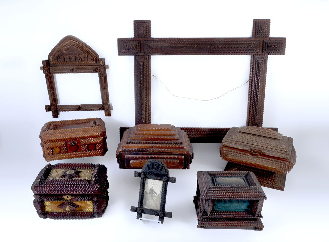 COLLECTION OF TRAMP ART ITEMS: COLLECTION OF TRAMP ART ITEMS: A nice collection of 8 assorted pieces to include 4 dresser boxes with one standing out as much more ornate than the others, dresser box on stand, and 3 frames. Largest 