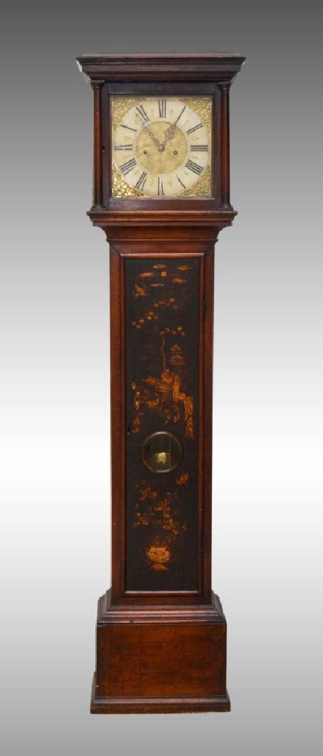 GEORGIAN CHINOSERIE DECORATED TALL CASE CLOCK: ENGLISH GEORGIAN CHINOSERIE DECORATED TALL CASE CLOCK: Bonnet with stepped cornice, turned columns with brass capitals. Waist with black lacquer chinoiserie decorated case door, round glass porthole,