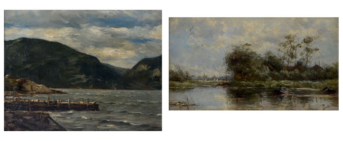 2 JOHAN DOELEMAN PAINTINGS: DOELEMAN, Johan Hendrik, (Dutch, 1848-1913): Two Piece Lot to Include: 1) Waterside Scene with Jetty and Mountains in the Distance, Oil/Canvasboard, 9.75" x 12", signed lower left and framed 12.50" x 