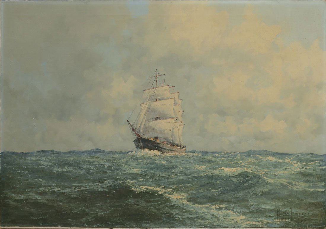 MARINUS DE JONGERE CLIPPER PAINTING: DE JONGERE, Marinus, (Dutch, 1912-1978): "Clipper Ship at Full Sail on the High Seas": Oil/Canvas, 24" x 36", signed lower right, unframed.