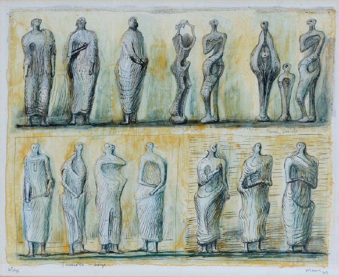 HENRY MOORE 1949 LITHOGRAPH: MOORE, Henry (British, 1898-1986): Untitled Standing Figures, color lithograph on paper, 14.75 h. x 18.25 inches w. plate dimension, 15.75 h. x 19.75 w. inches visible sheet dimension, 24.75 x 28.25 x