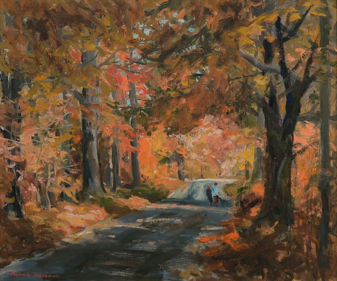 BOGOMIR BODANOVIC AUTUMNAL PAINTING: BOGDANOVIC, Bogomir (Yugoslavian, 1923 - 2011): Autumnal Scene with Figures Walking on Country Road with Dog, Oil/Masonite, 20" x 24", signed lower left, framed, 24.5" x 28.5"
