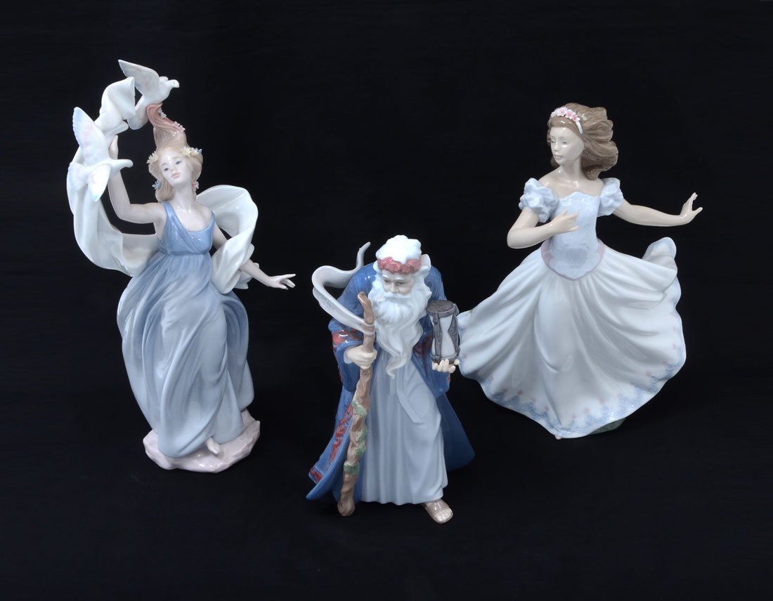 3 LLADRO PORCELAIN FIGURINES: 3 LLADRO PORCELAIN FIGURINES: 3 pieces total to include 1) Sweet Sixteen, issued 2000, retired 2004, 13'' h. 2) New Horizons, issued 1999, retired 2000, 14 1/2'' h. 3) Father Time, issued and retired
