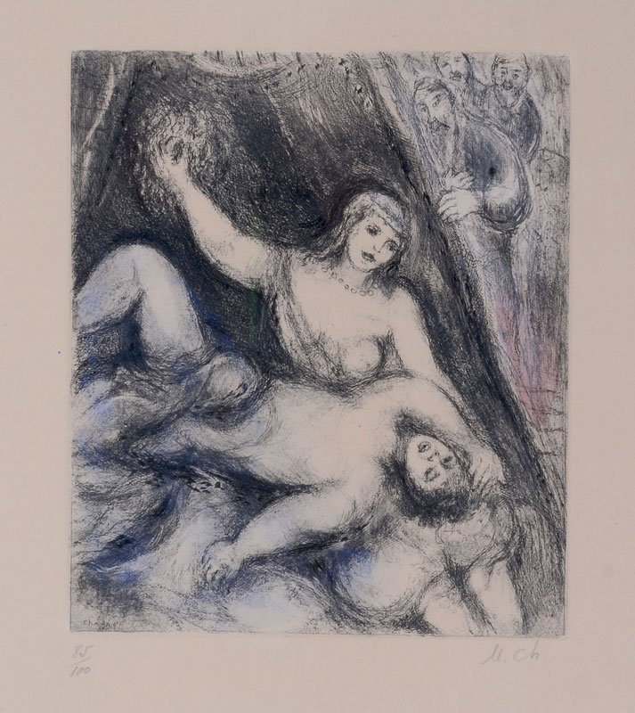 CHAGALL LITHO SAMSON & DELILAH: CHAGALL, Marc (Russian American French, 1887-1885): Samson and Delilah, created 1931-1939, printed 1956, hand colored etching on paper, signed l.r. margin and numbered 85/100 lower left margin (both i