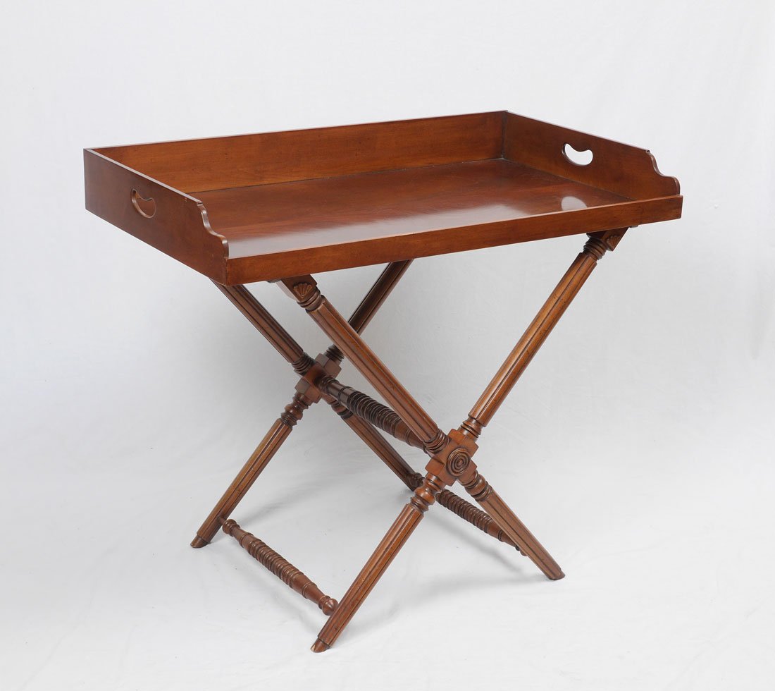 GEORGIAN STYLE BUTLER'S TRAY ON STAND: GEORGIAN STYLE BUTLER'S TRAY ON STAND: Mahogany tray with 2 openwork hand holds, fixed stand base with fluted supports, turned stretchers. Tray measures 5" h. x 42" x 24 1/4", stand 31 1/4" h. x 34" x