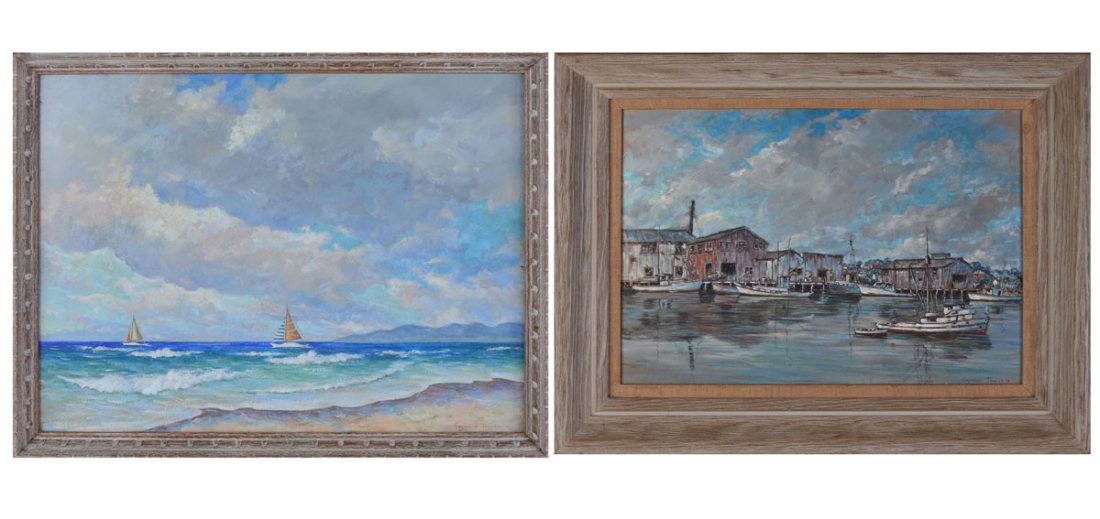 2 STEPHEN SEYMOUR THOMAS MARITIME PAINTINGS: THOMAS, Stephen Seymour (American, 1868-1956): 1) Oil/Board, Sailboats of the Shore, sight size 14.5" x 19", signed lower right, framed, 16" x 21.5". 2) Rockport Wharf Scene, Oil/Board, 16.5" x 22", s