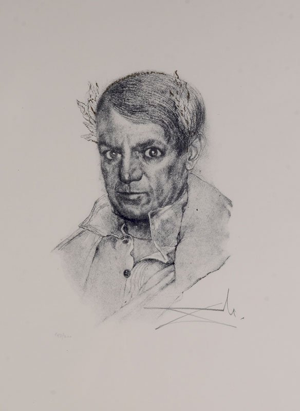 LITHOGRAPH OF PABLO PICASSO AFTER DALI: LITHOGRAPH OF PABLO PICASSO AFTER SALVADOR DALI: "Portrait of Picasso as a Younger Man", 26" x 20", pencil signed lower right, numbered 143/200 lower left, float mounted, framed, 21.5" x 22.5".
