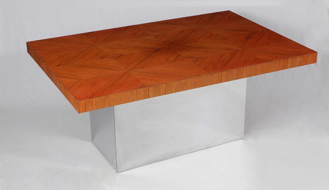 MILO BAUGHMAN FOR THAYER COGGIN DINING TABLE: MILO BAUGHMAN FOR THAYER COGGIN DINING TABLE: Fixed rectangular parquetry top over smoky chrome box base, top measures 66 3/4" x 44", base 28 1/4" . x 19 1/4" x 40 1/4".