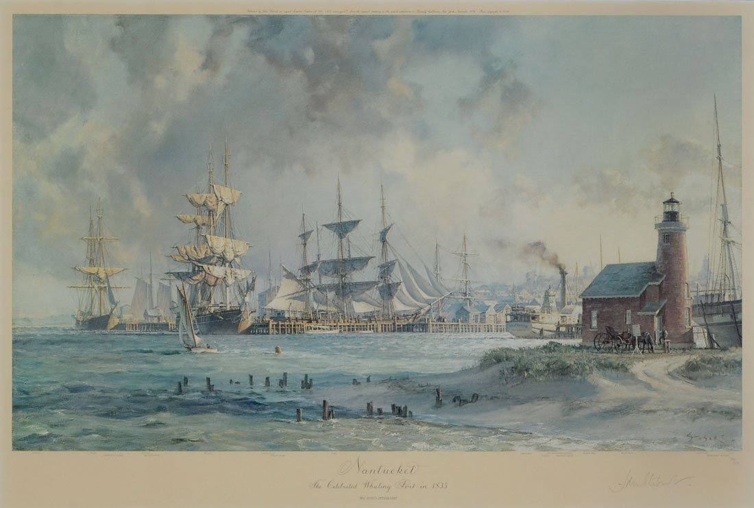 STOBART COLOR LITHOGRAPH NANTUCKET: STOBART, John, (American, 1929-): "Nantucket -The Celebrated Whaling Port in 1835", Color Lithograph, sight size 23.5" x 35", pencil signed lower right, numbered 159/650, framed, 34.5" x 45.75".