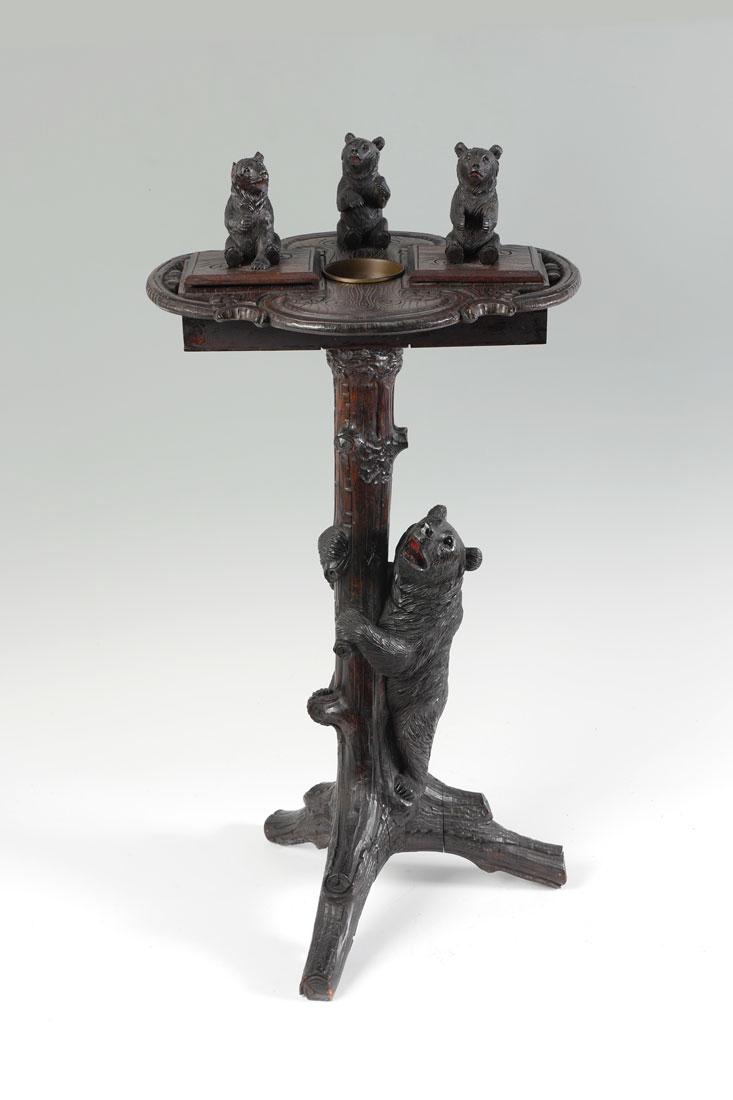 BLACK FOREST CARVED FIGURAL BEAR SMOKING STAND: BLACK FOREST CARVED FIGURAL BEAR SMOKING STAND: Circa late 18th / early 19th century smoking stand or smoker's companion, carved linden wood, shaped and pierced carved top with 3 figural bears, 2 hing
