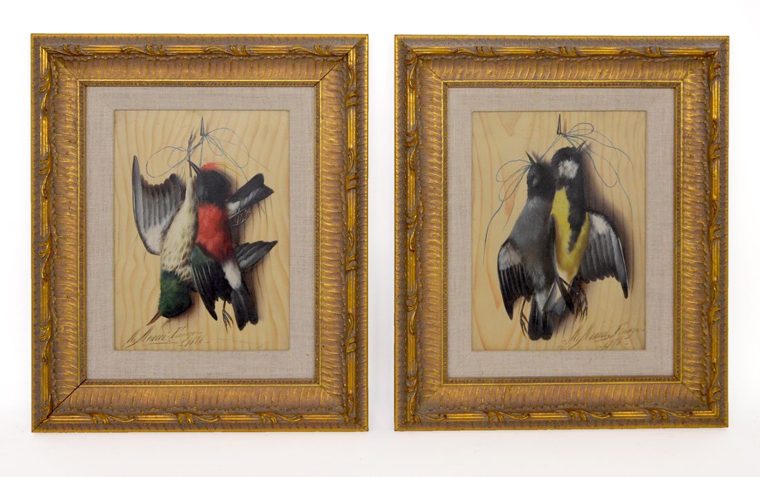 PAIR OF MEUCCI NATURE MORTE PAINTINGS: MEUCCI, Michelangelo, (Italian, 1840-1890 or 1909): "Two Trompe L'oeil Nature Morte Paintings" 1) "Scene Depicts Two Gold Finches on a Wood Grain Board", Oil/Panel, sight size is 9" x 6", signed lower