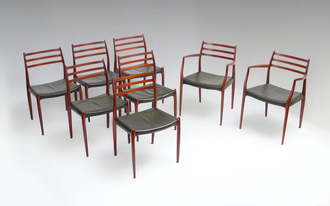 SET OF 8 NIELS MOLLER DANISH ARM AND SIDE CHAIRS: SET OF 8 NIELS MOLLER DANISH ARM AND SIDE CHAIRS: Rosewood frames and black leather seats, 8 chairs total to include 2 Model 62 arm chairs with burn J.L. Moller mark and control mark, 31 3/4'' h. x 24