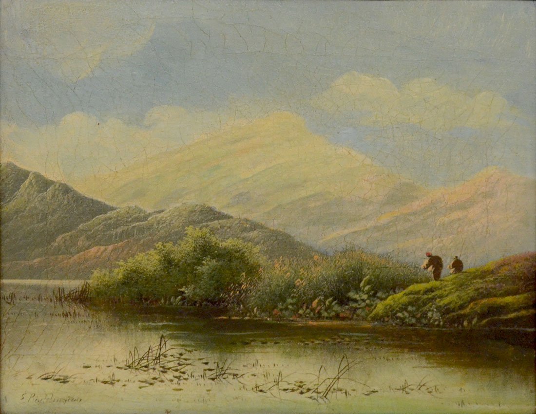 FLY FISHING PAINTING BY BODDINGTON: BODDINGTON, Edwin Henry Jr., (British, 1836-1905): "Fly Fishing in a Country Landscape", Oil/Canvas/Panel, 10" x 12.25", signed lower left, framed 15" x 17".