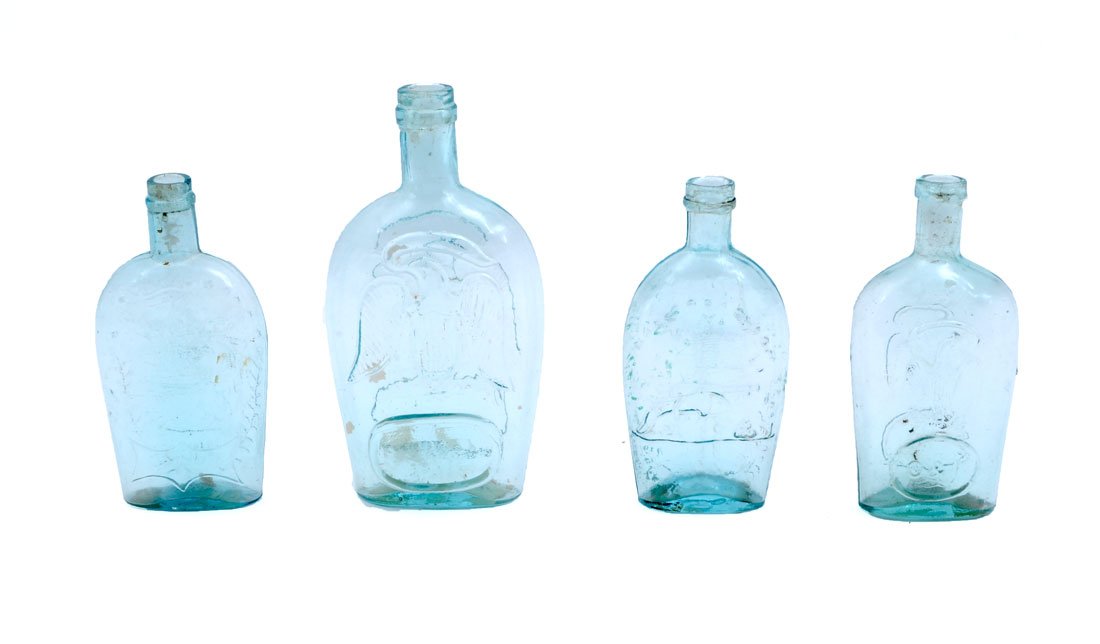 4 ANTIQUE AQUAMARINE HISTORICAL FLASKS: 4 ANTIQUE AQUAMARINE HISTORICAL FLASKS: An assembled collection of 4 flasks, all aquamarine, to include 1) GII-111, obverse eagle with banner over ''CUNNINGHAM & CO, PITTSBURGH'', reverse eagle over p