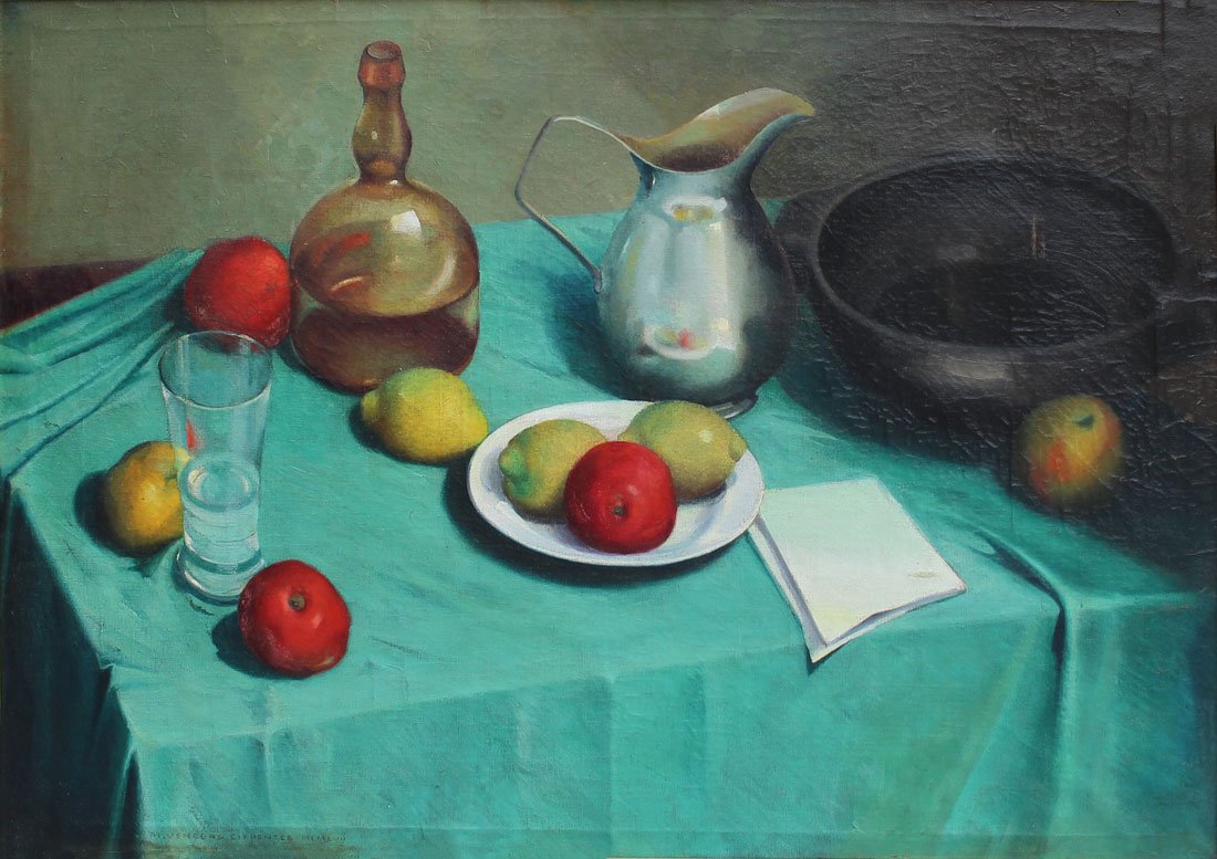 MIGUEL VENEGAS CIFUENTES STILL LIFE PAINTING: CIFUENTES, Miguel Venegas, (Chilean, 1907-1979): "Table Top Still Life with Vessels and Fruit", Oil/Canvas, 22.50" x 31.50", signed lower left and dated 1955? In Roman Numerals, framed, 28" x 37.50".