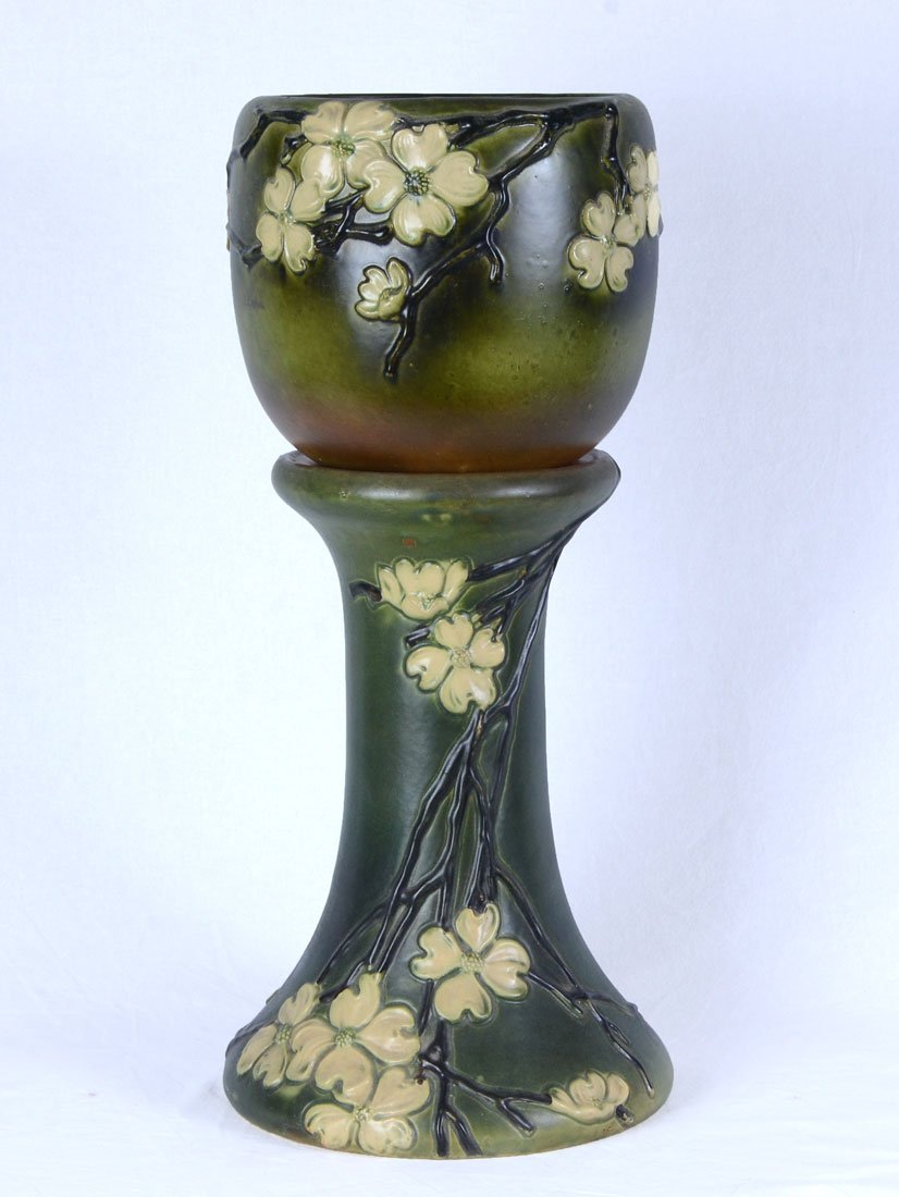ROSEVILLE POTTERY DOGWOOD JARDINIERE AND PEDESTAL