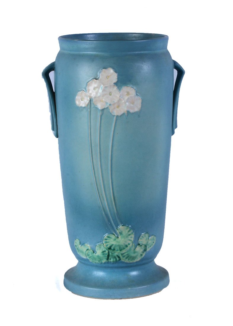 LARGE ROSEVILLE PRIMROSE FLOOR VASE 773-21: LARGE ROSEVILLE PRIMROSE FLOOR VASE 773-21: Large floor vase or umbrella stand, incised mark, 21" h. x 12" dia.