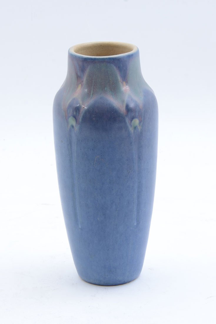 NEWCOMB COLLEGE POTTERY BLUE CABINET VASE: NEWCOMB COLLEGE POTTERY BLUE CABINET VASE: Blue glaze ground with incised polychrome decorated stylized flowers. Impressed marks on base "NC, 11, N X 6" with incised MC? Overall measures 6 1/4" h. x 2