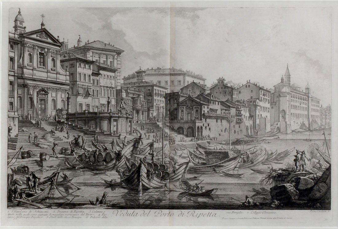 PIRANESI ENGRAVING VEDUTA DEL PORTO DI RIPETTA": PIRANESI ENGRAVING: "Veduta del Porto di Ripetta", sight size 16.25" x 24.25", framed, 27.5" x 35.5". Provenance: Leon and "Billy" Goldenberg Collection.