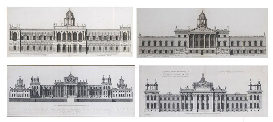 4 ETCHINGS? BY COLIN CAMPBELL PALACE FRONTICES?: "4 ETCHINGS? BY COLIN CAMPBELL, PALACE FRONTICES", sight size is 10.50" x 26", matching frames are 20" x 35.50". Provenance: Leon and "Billy" Goldenberg Collection