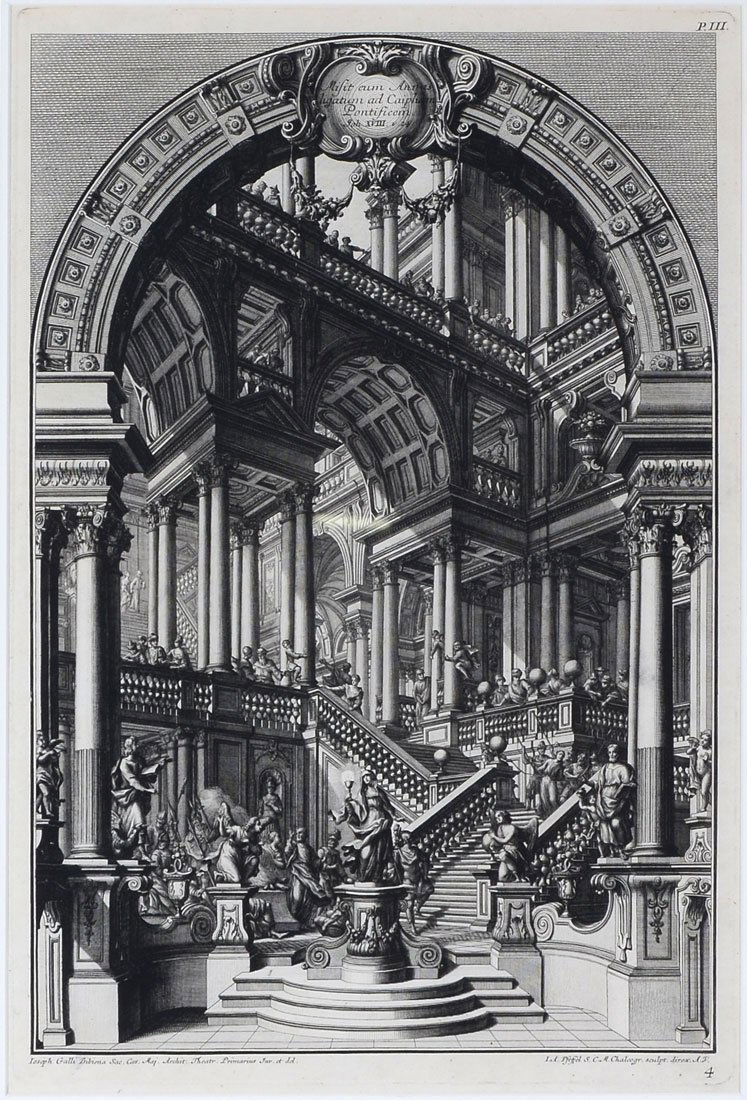 BIBIENA ENGRAVING AFTER JOSEPH GALLI: PIRANESI ENGRAVING: "Bibiena After Joseph Galli", Overall pale toning, not examined out of frame, sold as is. Provenance: Leon and "Billy" Goldenberg Collection