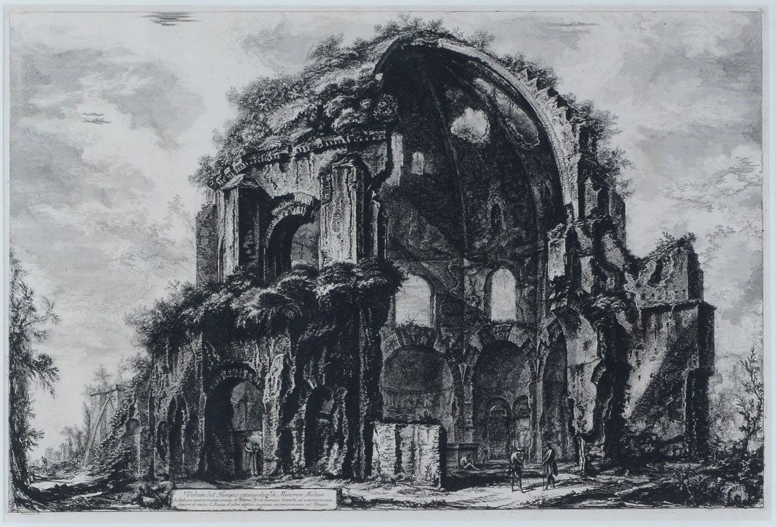 PIRANESI TEMPLE OF MINERVA MEDICA ENGRAVING: PIRANESI ENGRAVING: "Temple of Minerva Medica", sight size 18.5" x 27", framed 27" x 35.5". Provenance: Leon and "Billy" Goldenberg Collection.