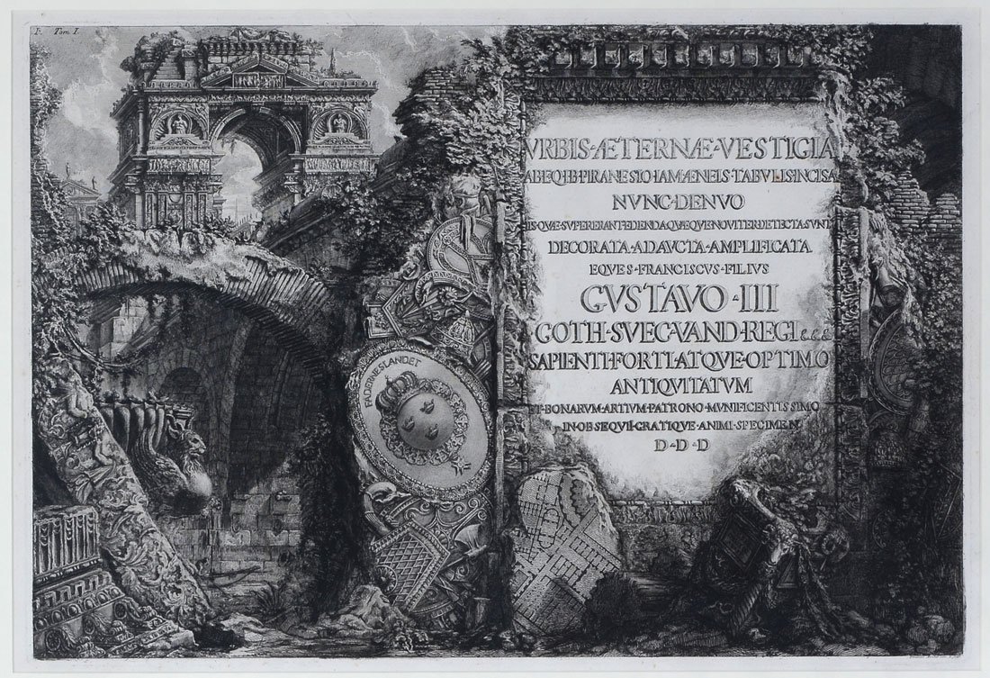 PIRANESI ENGRAVING URBIS AETERNAE VESTIGIA: PIRANESI ENGRAVING "Urbis Aeternae Vestigia", sight size is 19" x 27.50", fine burl wood framing is 31" x 40". Provenance: Leon and "Billy" Goldenberg Collection.
