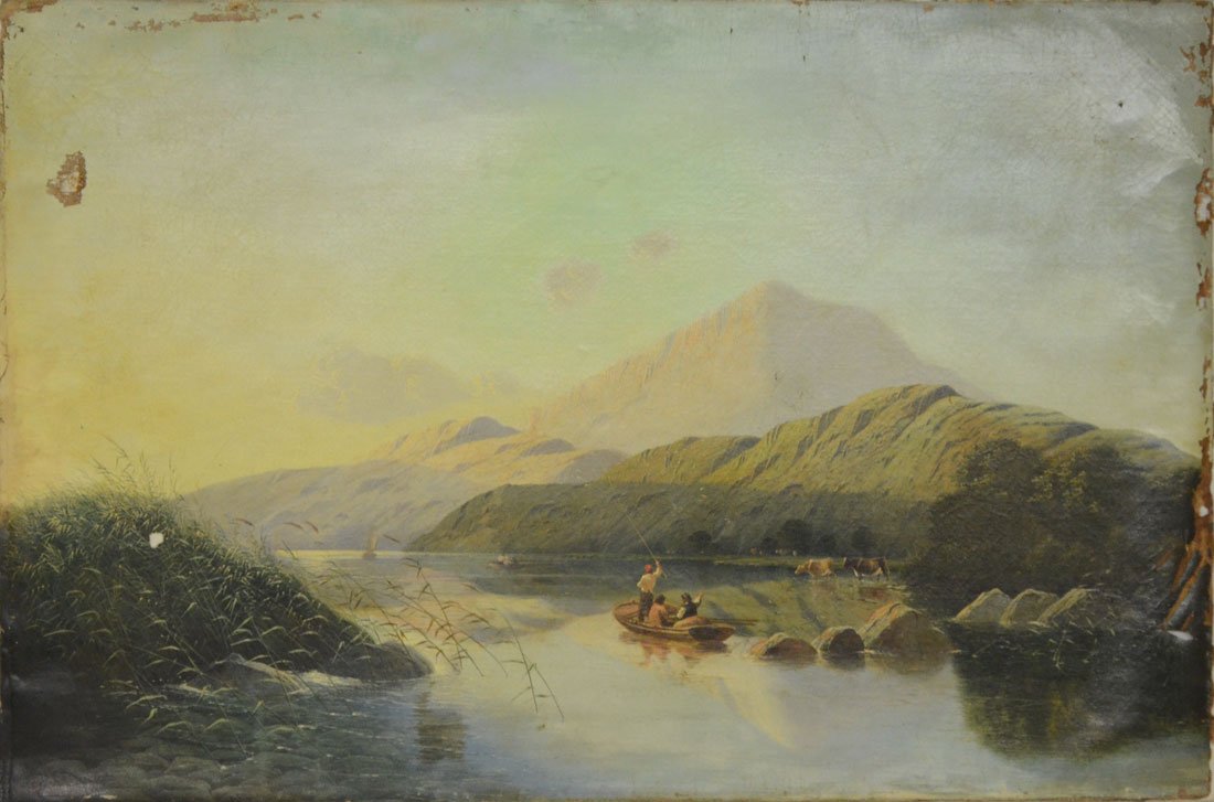 LARGE BODDINGTON RIVER SCENE PAINTING: BODDINGTON, Edwin Henry, (English, 1836-1905): "Panoramic River View with Boats, Cows and Young Boys Fishing", Oil/Canvas, 24" x 36", signed lower left, painted frame is 32" x 44".