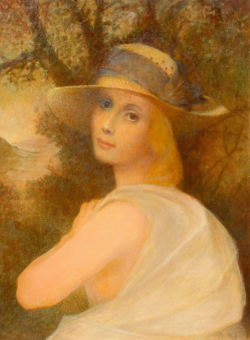 JOHN NATCHUK PORTRAIT PAINTING: NATCHUK, John, (American, 20th Century): "Portrait of a Young Blonde Wearing a Hat", Oil/Canvas/Masonite, 24" x 18", framed 27.50" x 21.75".