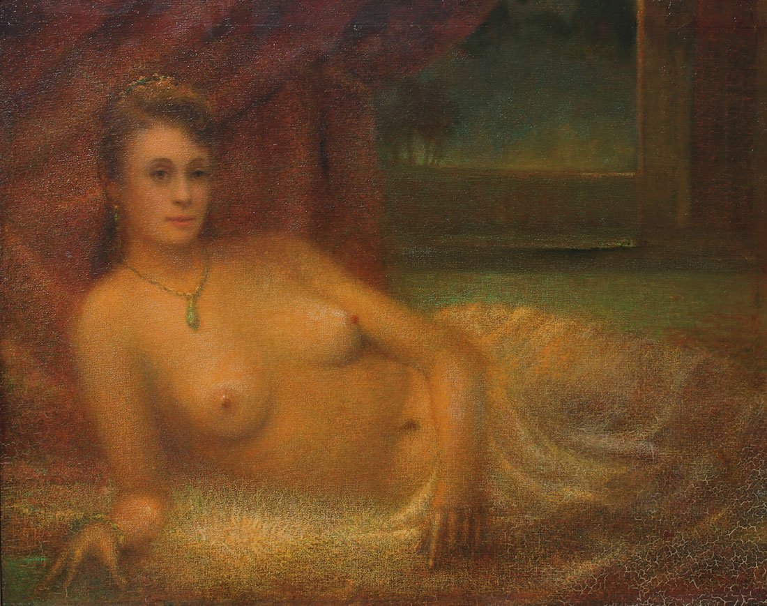 JOHN NATCHUK RECLINING NUDE: NATCHUK, John, (American, 20th Century): "Danae" Reclining Nude, Oil/Canvas/Masonite, 24" x 30", marked verso with the title and the artist name, framed 29.25" x 35".