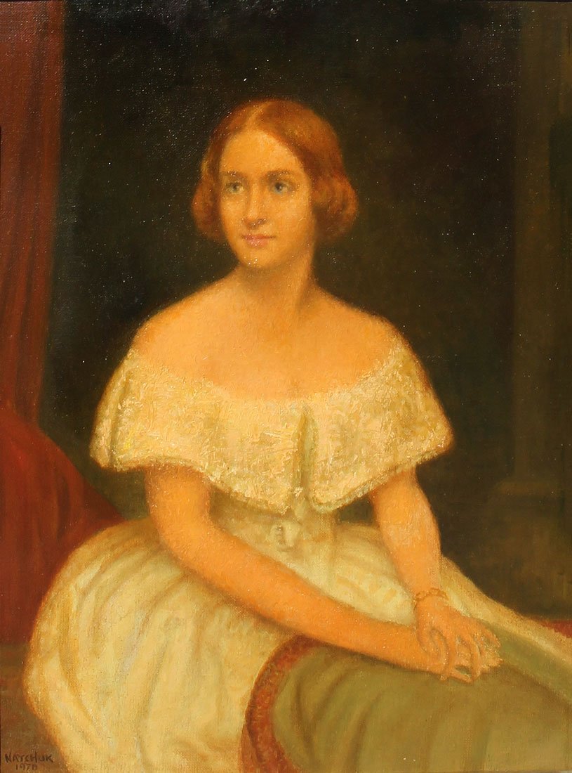 JOHN NATCHUK PORTRAIT PAINTING OF A YOUNG REDHEAD: NATCHUK, John, (American, 20th Century): "Portrait of a Young Redhead", Oil/Canvas/Masonite, 16" x 12", signed lower left and dated 1976, framed 20.50" x 16.50".