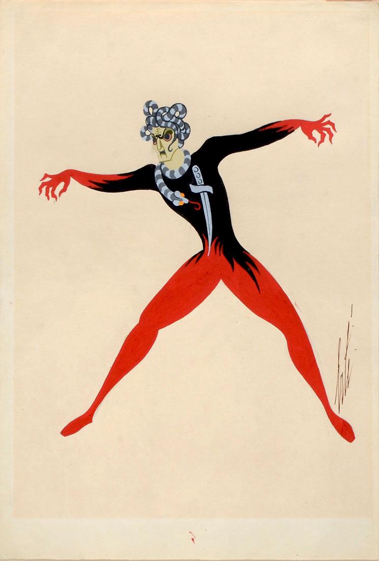 ORIGINAL ERTE PAINTING LA GENIE: DE TIRTOFF, Romain, (Russian, 1892-1990): ''La Genie'', Mixed Media, sight size is 13.25'' x 10'', overall in black mat and black wood frame is 24.25'' x 20.50'', signed lower right in pencil: ''Erte'