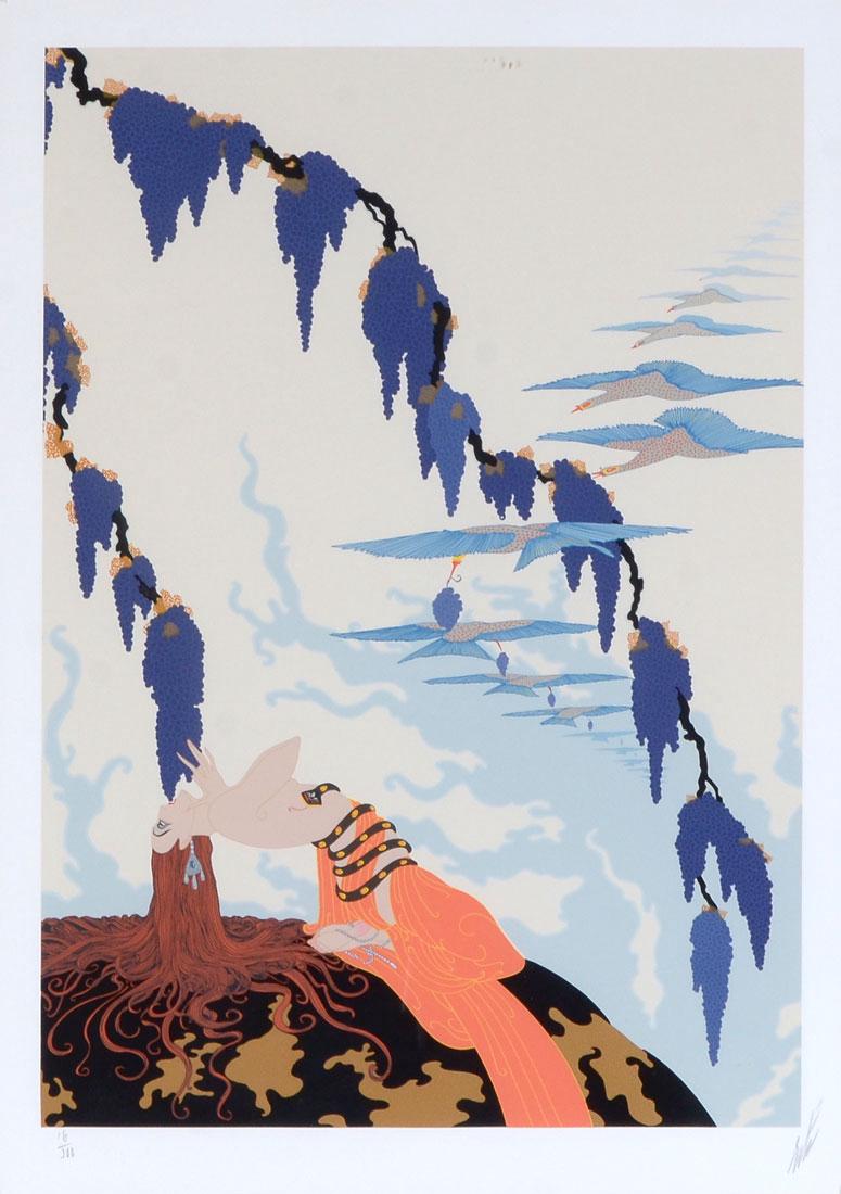 ERTE ''VINTAGE'' SERIGRAPH: DE TIRTOFF, Romain, (Russian, 1892-1990): ''Vintage'', Serigraph, sight size is 28'' x 20.50'', overall in white wood frame: 37'' x 29.50'', signed lower right in pencil: ''Erte'', numbered lower left