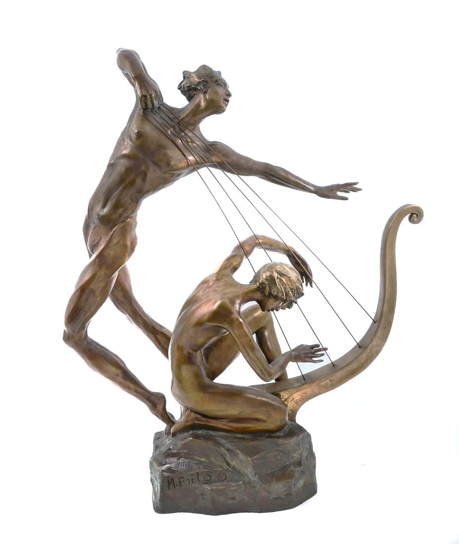 LARGE MISHA FRID BRONZE HARP PLAYERS SCULPTURE: FRID, Misha, (Russian, 1938- ): "Male and Female Figures Playing a Harp", Bronze, approximately 24.50" in height, 20" in width, incised signature on base and numbered 137 of 195, foundry mark next to 