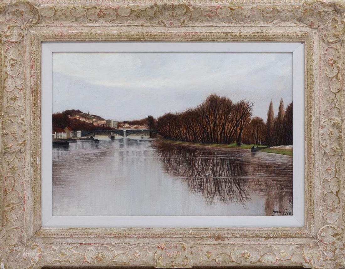 JEAN EVE RIVER PAINTING: EVE, Jean, (French, 1900-1968): "Urban River Scene", Oil/Canvas, 15" x 21.75", signed lower right, painted gesso frame is 24" x 30.50".
