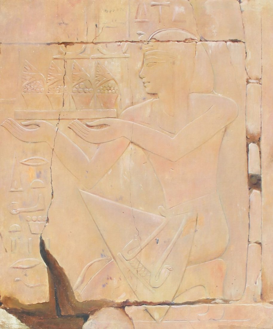 JOSEPH LINDON SMITH EGYPTIAN PAINTING: SMITH, Joseph Lindon, (American, 1863-1950): "Temple of Luxor", Amenhotep offering, Oil/Canvas, 25.5" x 21.5", partial signature lower left, label verso, framed, 33.5" x 29.5".