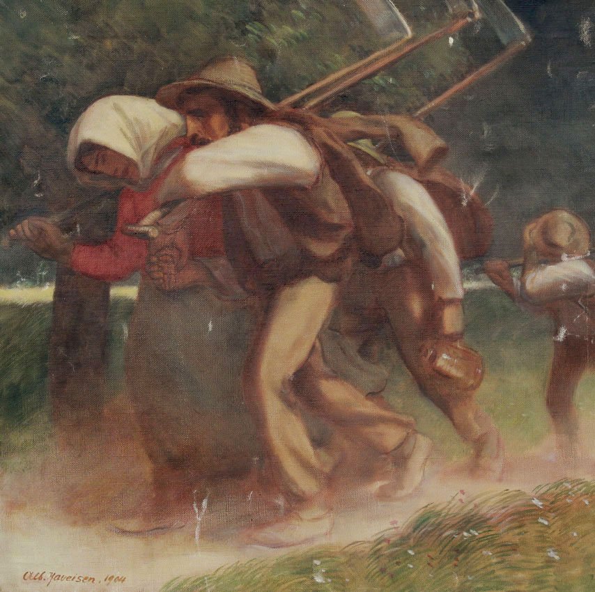 ALBERT HAUISEN PAINTING 1904: HAUISEN, Albert, (German, 1872-1954): Weary Workers Traveling along the Path, Carrying their Sickles, Oil/Canvas, 23 5/8'' x 23 7/8'', signed lower left, date 1904, later gilded frame with minor wear,