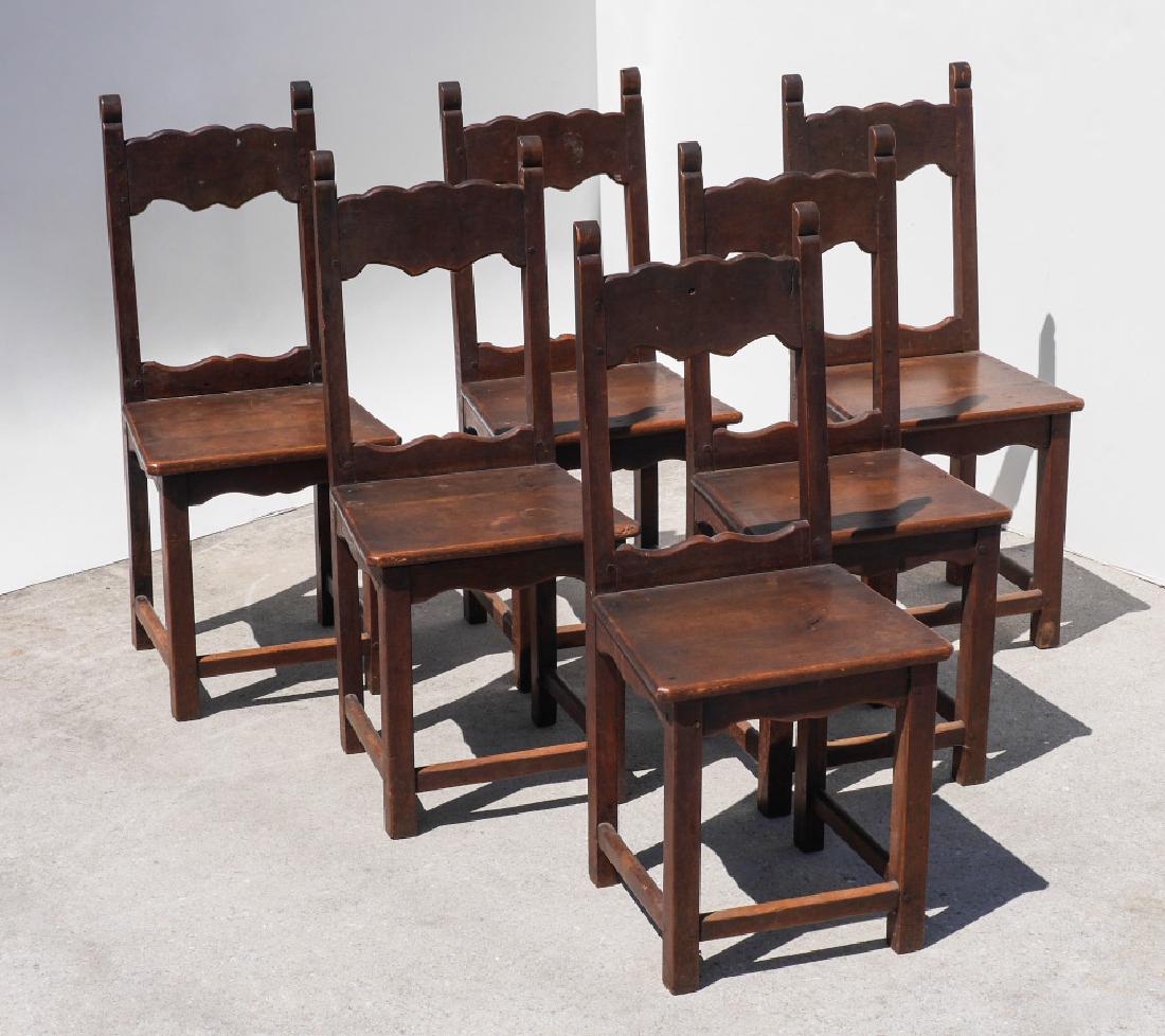 SIX 18TH CENTURY CONTINENTAL SIDE CHAIRS: SIX 18TH CENTURY CONTINENTAL SIDE CHAIRS: Shaped top and lower rails on back, frames with pegged construction, hand forged nails on seats, 37 3/4'' h. x 16 1/2'' x 17 1/2''.