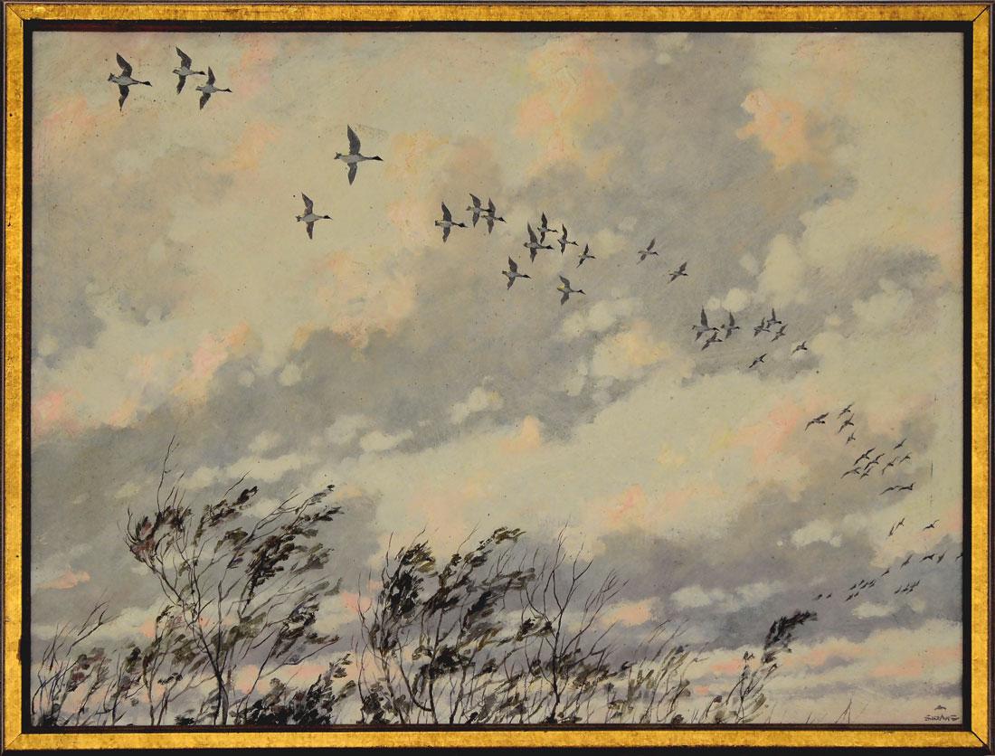ERIC SLOANE GEESE PAINTING: SLOANE, Eric, (American, 1905-1985): Geese in Flight, Oil/Masonite, 18" x 24", signed lower right, framed, 19" x 25".