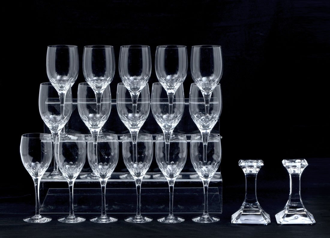 18 PIECES ORREFORS STEMWARE & CANDLE HOLDERS: 18 PIECES ORREFORS STEMWARE & CANDLE HOLDERS: Prelude design was introduced in 1957 and has remained in the Orrefors lineup since. It is hand-blown, clean and functional, but with a pattern that appea
