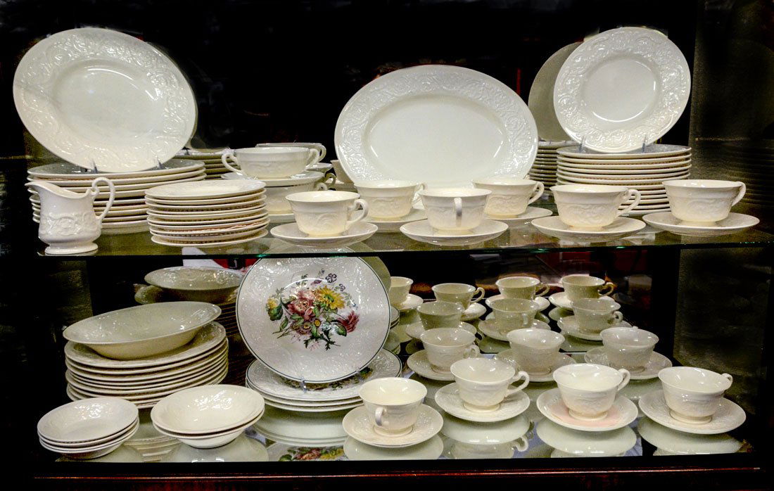 WEDGWOOD CREAMWARE PATRICIAN CHINA SERVICE: WEDGWOOD CREAMWARE PATRICIAN CHINA SERVICE: Approx. 81 pieces in the cream embossed Patrician pattern by Wedgwood to include 19 dinner plates (10 1/2"), 13 salad plates (8 3/8"), 10 bread plates (6 1/