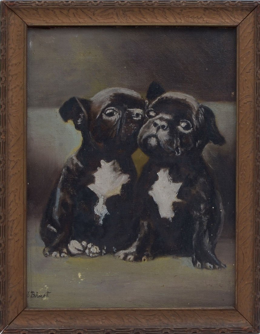 ELLEN BINET TERRIER PUG PUPPIES PAINTING: BINET, Ellen, (American, 20th C.): 2 Terrier Pups, Oil/Canvasboard, 12" x 9", signed lower left, framed, 14" x 11".