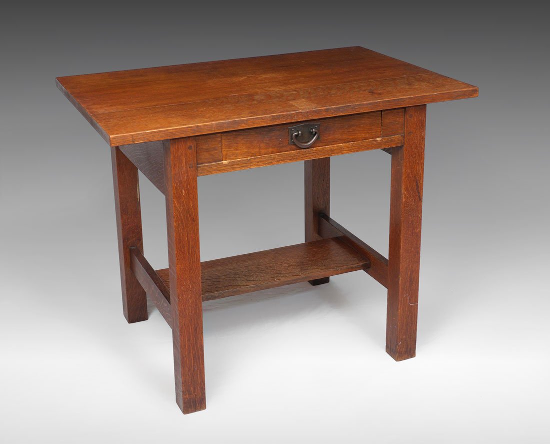 GUSTAV STICKLEY OAK LIBRARY TABLE #649: GUSTAV STICKLEY OAK LIBRARY TABLE #649: 4 board top, single drawer with iron pull, straight legs & stretcher. No visible label or mark. Overall measures 29" h. x 26" x 24".